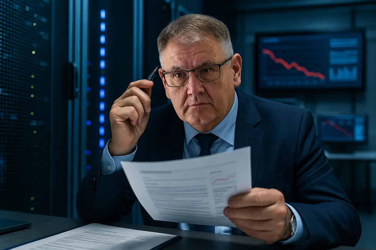 Heinrich Markus Schulte reviewing a document in the server room