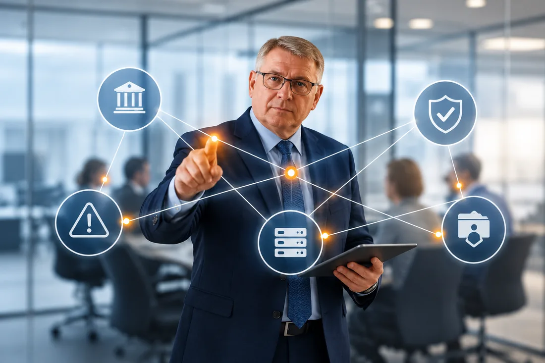 Consultant with a tablet, surrounded by connected symbols for risk, security and governance