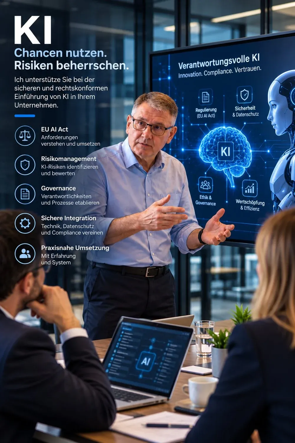 Heinrich Markus Schulte explaining responsible AI in a meeting: EU AI Act, risk management, governance, secure integration and practical implementation