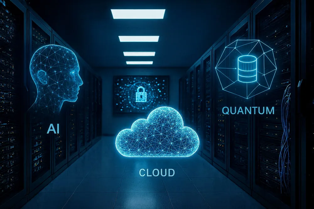 Rechenzentrum mit Symbolen für KI, Cloud und Quantencomputing