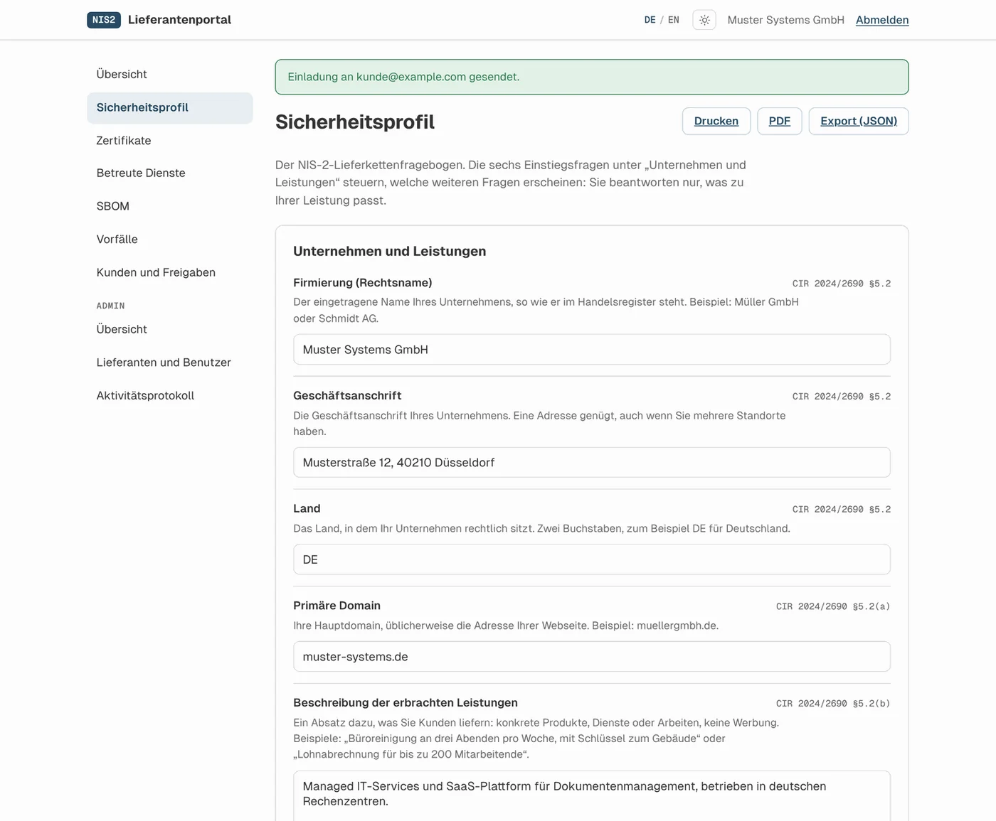 Fragebogen zum Sicherheitsprofil mit Rechtsgrundlage je Feld