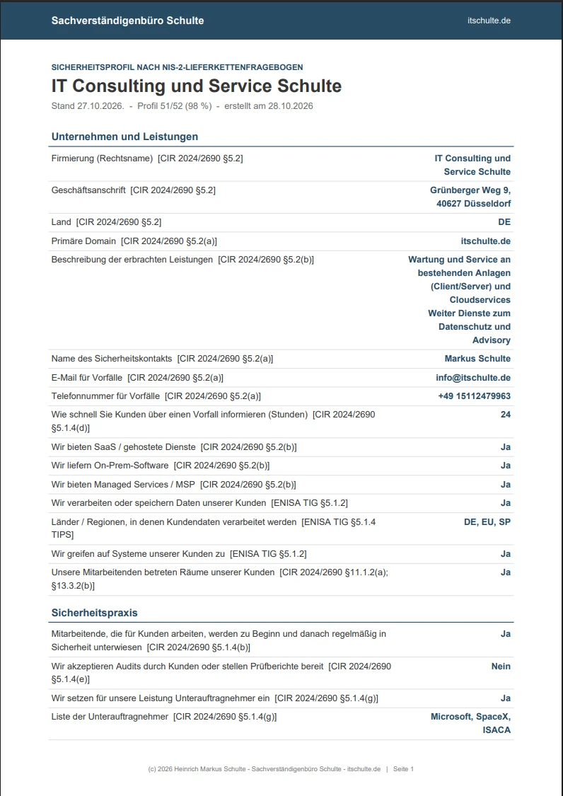 PDF-Ausdruck eines Sicherheitsprofils nach NIS-2-Lieferkettenfragebogen mit Rechtsgrundlagen je Angabe