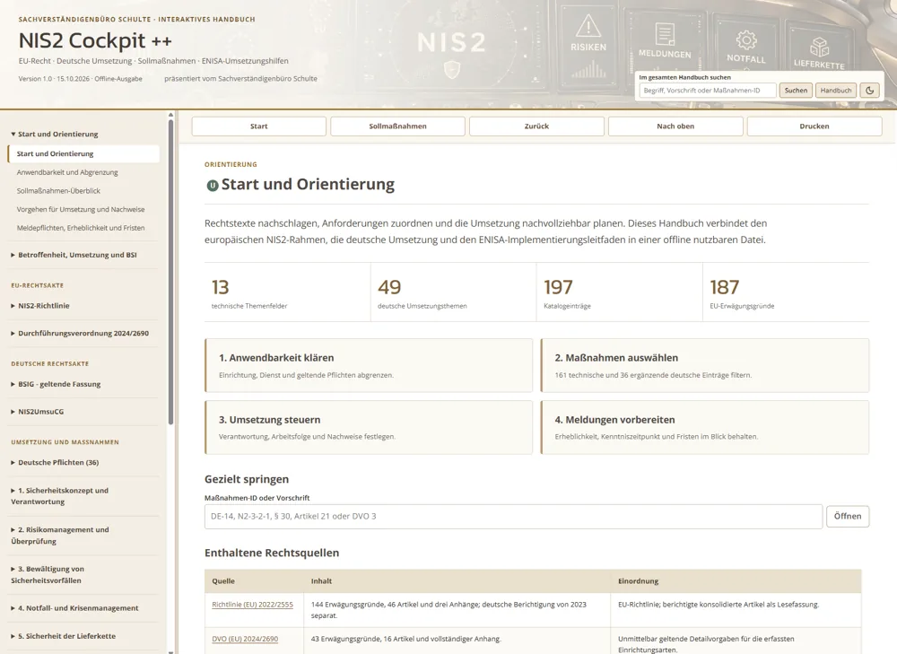 Startseite des NIS2 Cockpit++ mit Kennzahlen und Navigation
