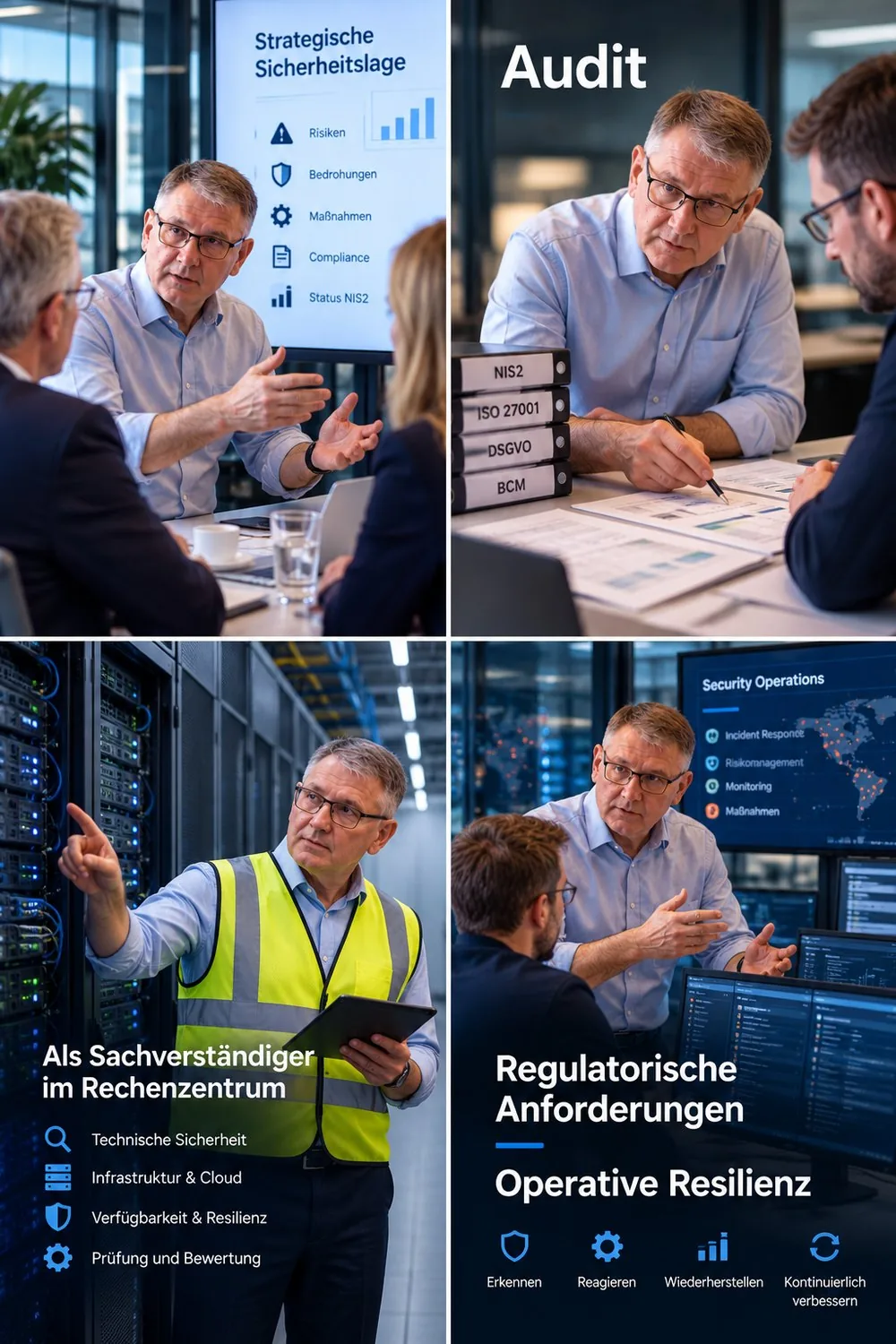 Collage: Heinrich Markus Schulte bei Strategiebesprechung, Audit, Prüfung im Rechenzentrum und Security Operations