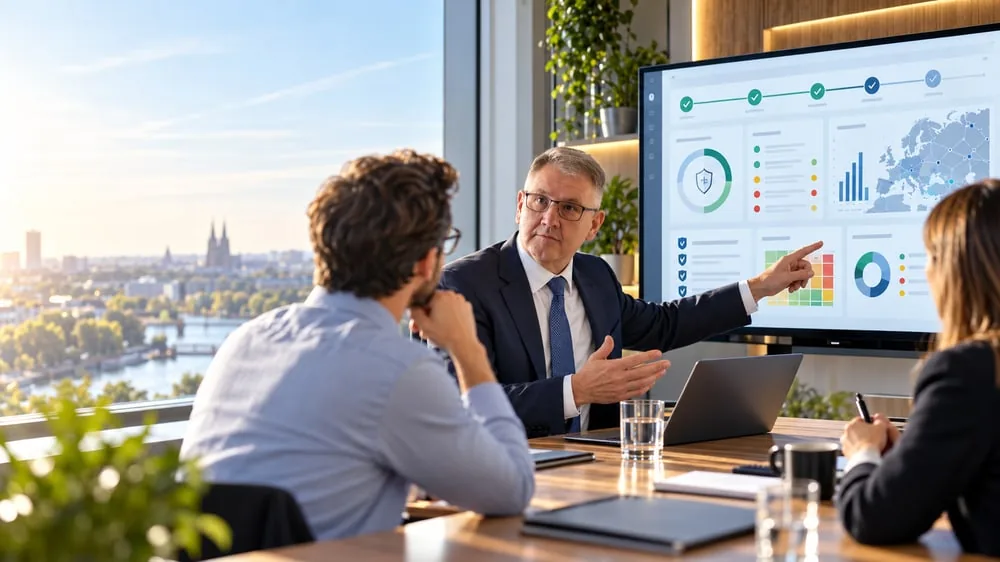 Heinrich Markus Schulte erläutert ein Sicherheits-Dashboard in einer Besprechung