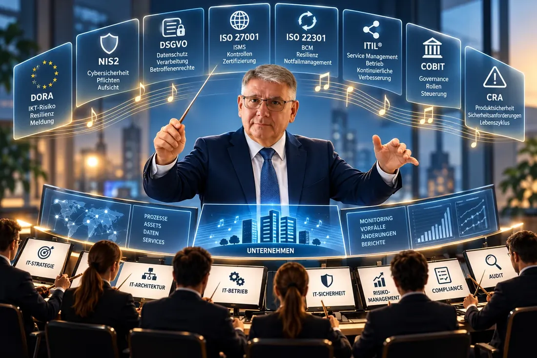 Heinrich Markus Schulte conducting the frameworks DORA, NIS2, GDPR, ISO 27001, ISO 22301, ITIL, COBIT and CRA in front of a team from IT strategy, IT operations, IT security, risk management, compliance and audit