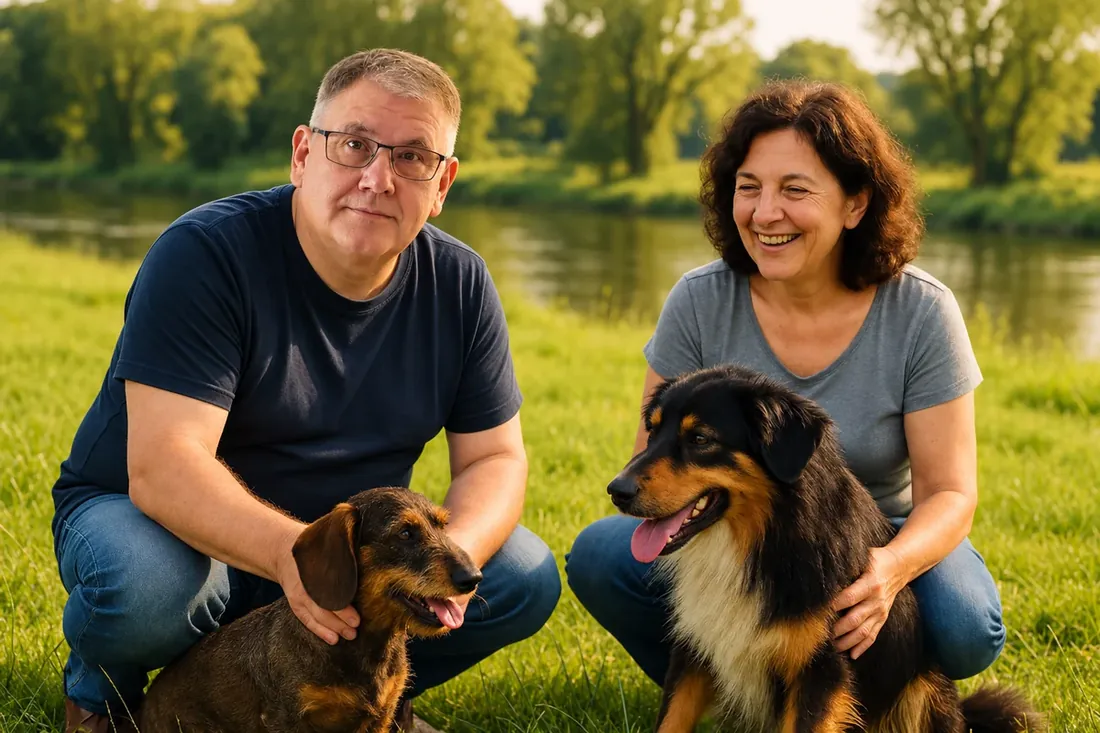 Heinrich Markus Schulte with his partner and two dogs in a meadow by the river