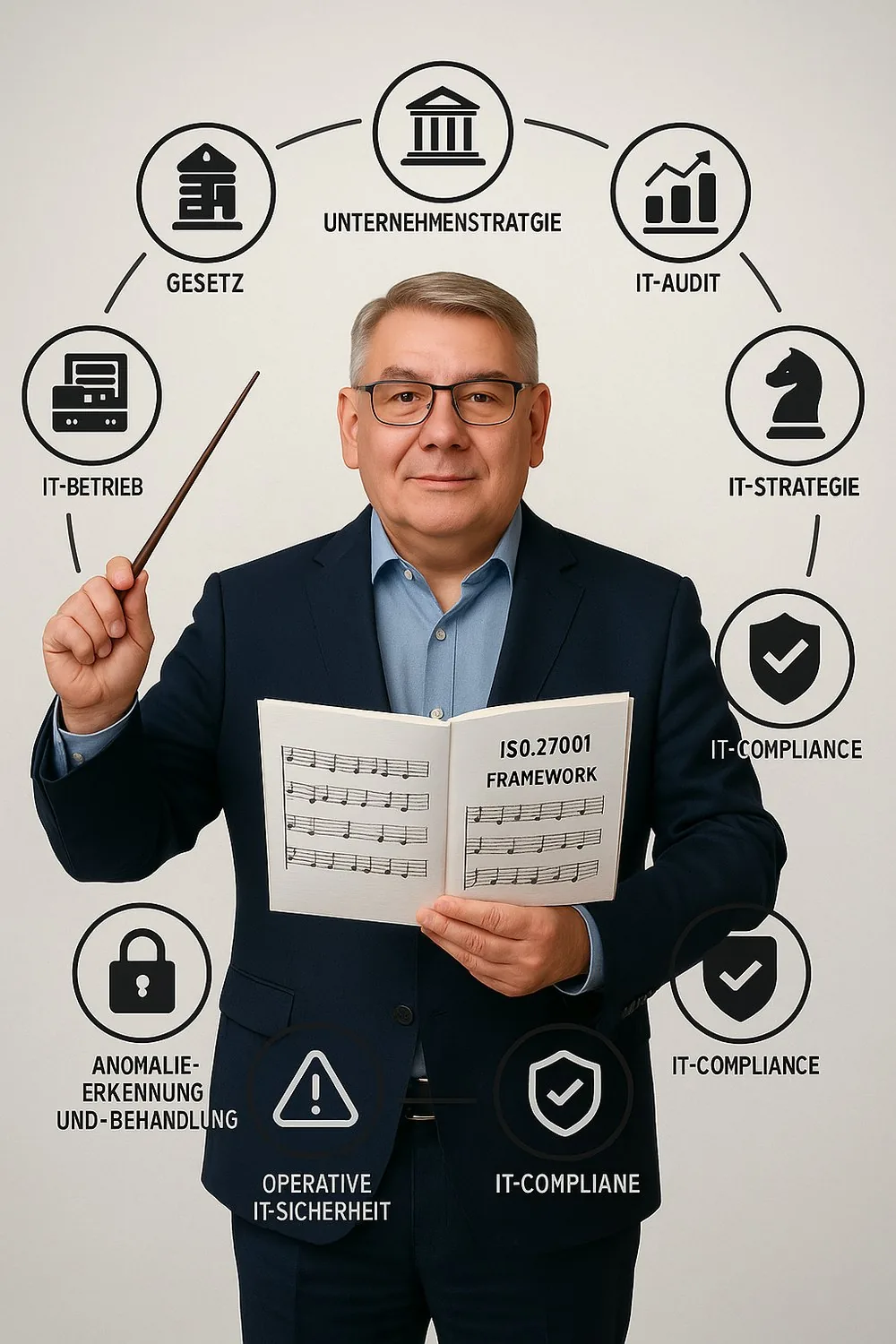 Heinrich Markus Schulte mit Taktstock und ISO-27001-Framework, umgeben von Symbolen für Gesetz, Strategie, IT-Audit und Compliance