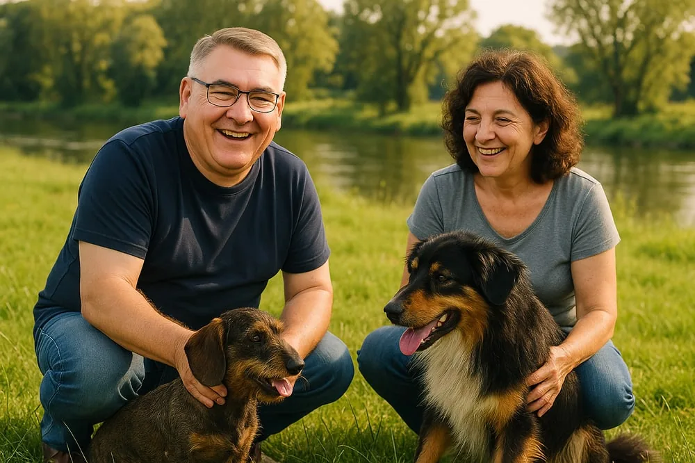 Heinrich Markus Schulte mit Partnerin und zwei Hunden auf einer Wiese am Fluss